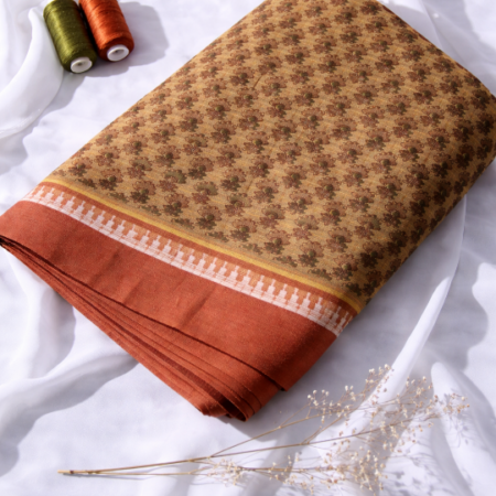 Beige Gold & Burnt Orange Floral Printed Narayanpet Handloom Cotton Saree