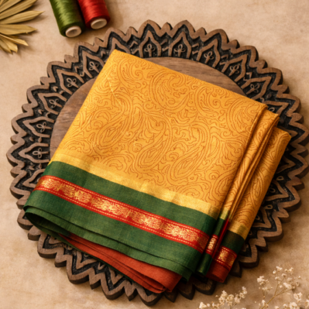 Golden Mustard & Forest Green Paisley Printed Narayanpet Handloom Cotton Saree with Zari Border