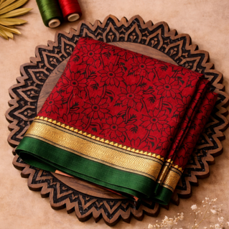 Crimson Red & Emerald Green Floral Printed Narayanpet Handloom Cotton Saree with Zari Border