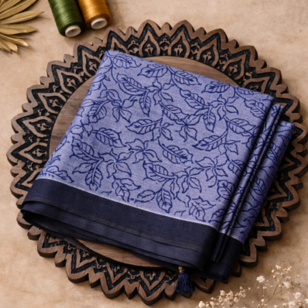 Periwinkle Blue & Navy Leaf Printed Narayanpet Handloom Cotton Saree