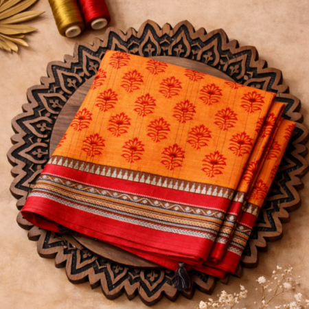 Mustard Yellow & Vermilion Red Floral Printed Narayanpet Handloom Cotton Saree