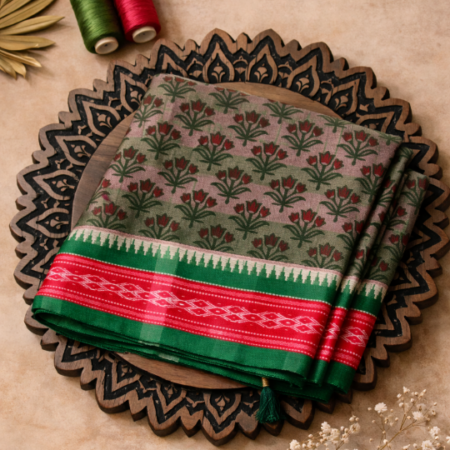 Olive Green & Red Floral Printed Narayanpet Handloom Cotton Saree