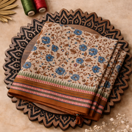 Beige & Indigo Blue Floral Printed Narayanpet Handloom Cotton Saree