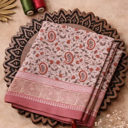 Ivory Beige & Dusty Rose Paisley Printed Narayanpet Handloom Cotton Saree