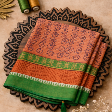 Terracotta Brown & Parrot Green Floral Printed Narayanpet Handloom Cotton Saree