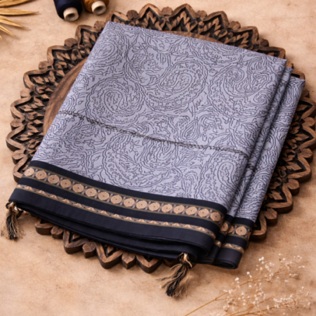 Slate Grey & Midnight Blue Paisley Printed Narayanpet Handloom Cotton Saree