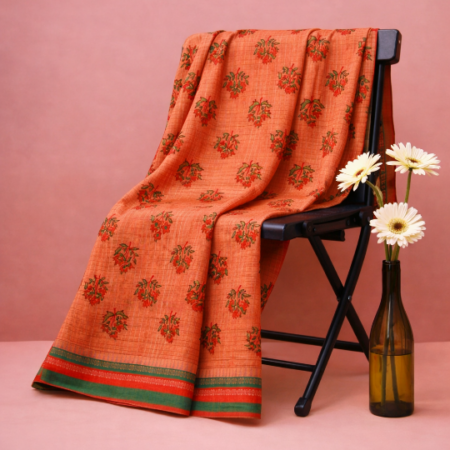 Burnt Peach & Leaf Green Floral Printed Narayanpet Handloom Cotton Saree