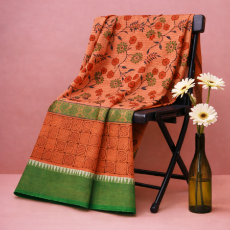 Deep Rust Orange & Forest Green Printed Narayanpet Handloom Cotton Saree