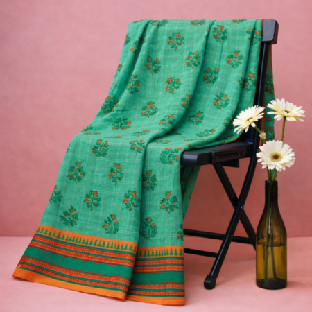 Sage Green & Rust-Red Printed Narayanpet Handloom Cotton Saree