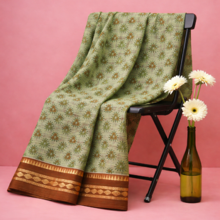 Deep Wine & Emerald Green Printed Narayanpet Handloom Cotton Saree