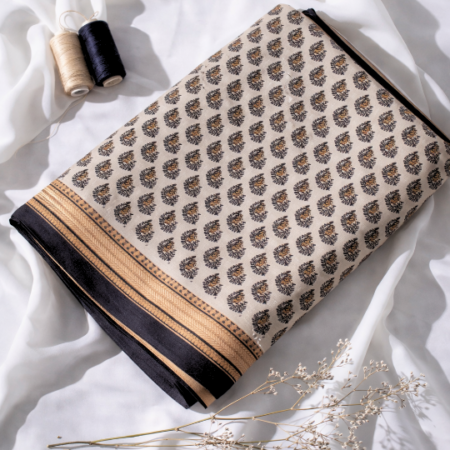 Ivory & Midnight Blue Butta Printed Narayanpet Handloom Cotton Saree