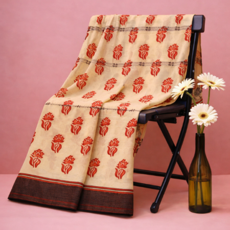 Cream & Terracotta Printed Narayanpet Handloom Cotton Saree