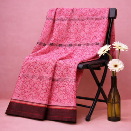 Rose Pink & Crimson Red Printed Narayanpet Handloom Cotton Saree