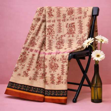 Cream & Terracotta Printed Narayanpet Handloom Cotton Saree