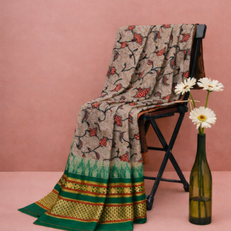 Beige & Emerald Green Printed Narayanpet Handloom Cotton Saree