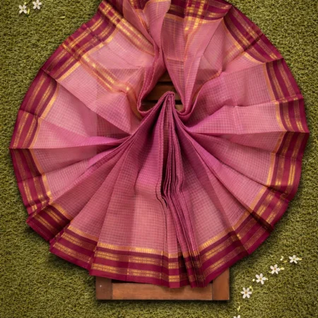 Blush pink Narayanpet handloom cotton saree with gold zari border and checked texture