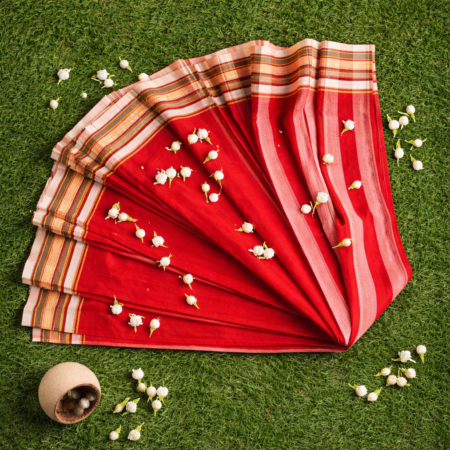 Vermilion red Narayanpet handloom cotton saree with multicolor stripes and temple border