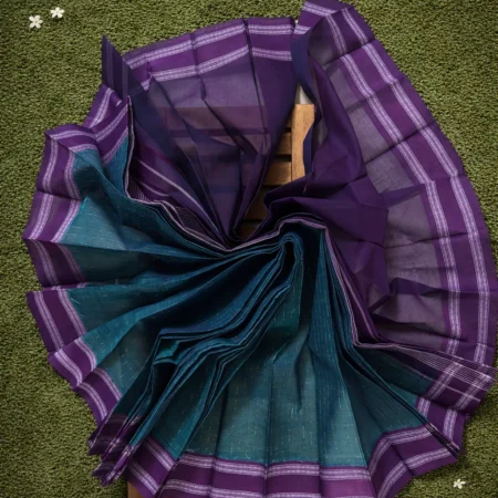 Royal purple Narayanpet handloom cotton saree with teal contrast pallu and striped border