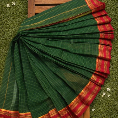 Handwoven Narayanpet cotton saree in bottle green with crimson red zari temple border