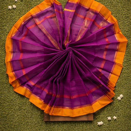 Rani pink Narayanpet handloom cotton saree with orange stripes and temple border