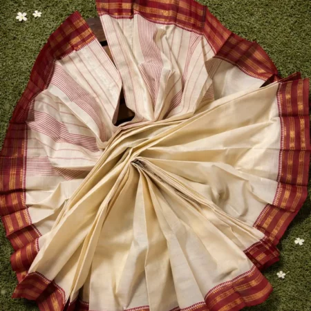 Ivory cream Narayanpet handloom cotton saree with maroon checked border