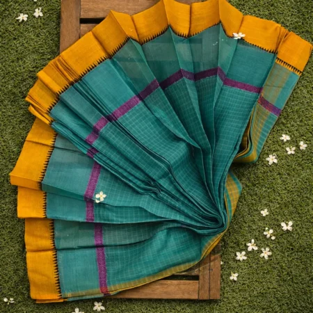 Teal green Narayanpet handloom cotton saree with mustard pallu and striped border