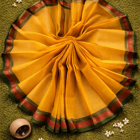 Golden mustard Narayanpet handloom cotton saree with checked pattern and maroon border