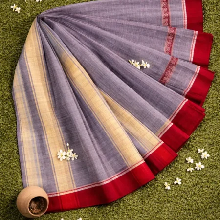 Dusty lavender grey Narayanpet handloom cotton saree with red temple border