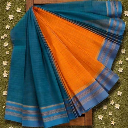 Teal Blue & Bright Orange Contrast Narayanpet Handloom Cotton Saree with Temple Border