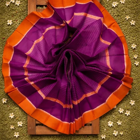 Royal purple Narayanpet handloom cotton saree with checked pattern and orange zari border