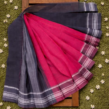 Charcoal grey Narayanpet handloom cotton saree with rani pink pallu and striped border