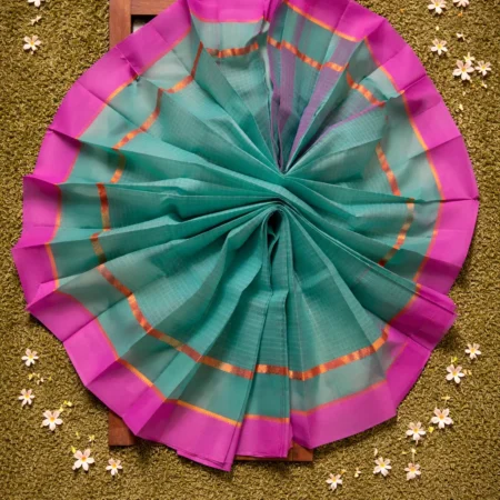 Seafoam turquoise checkered handloom Narayanpet saree with orchid pink and gold zari floral border