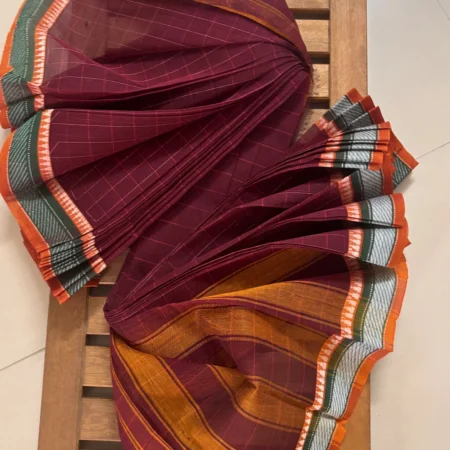 Deep Maroon & Rust Orange Checked Narayanpet Handloom Cotton Saree with Contrast Temple Border