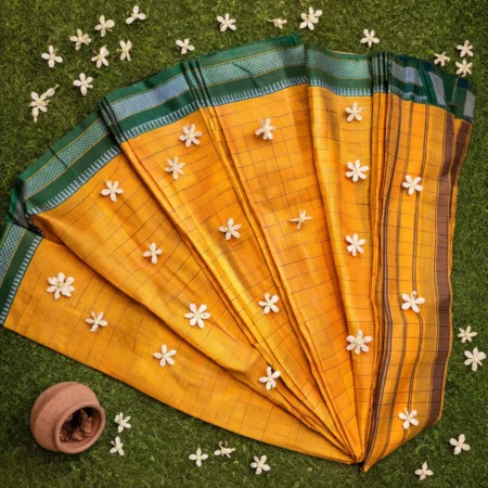 Mustard yellow Narayanpet handloom cotton saree with green border and stripe pattern