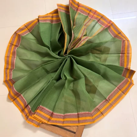 Leaf green Narayanpet handloom cotton saree with multicolor stripes and orange border