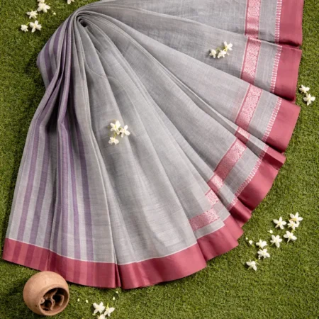 Pearl grey Narayanpet handloom cotton saree with pink border