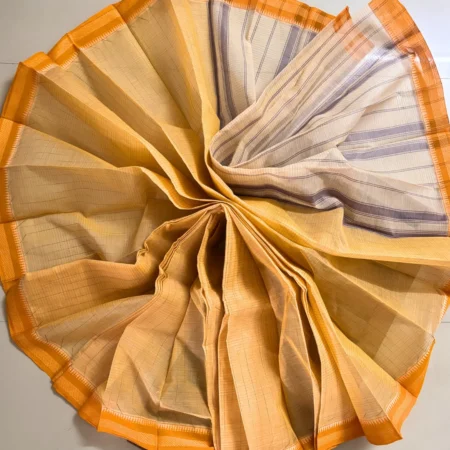 Beige Mustard Striped Narayanpet Saree