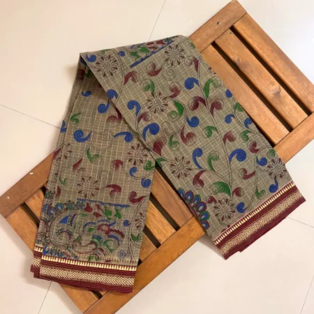 Beige Narayanpet handloom cotton saree with Kalamkari style multicolor print and maroon zari border
