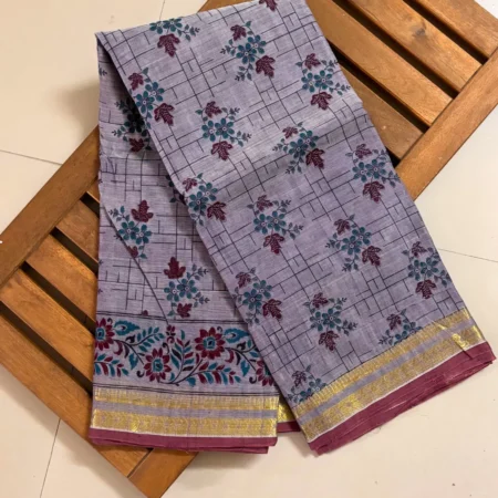 Ash grey Narayanpet handloom cotton saree with checked pattern floral motifs and zari border