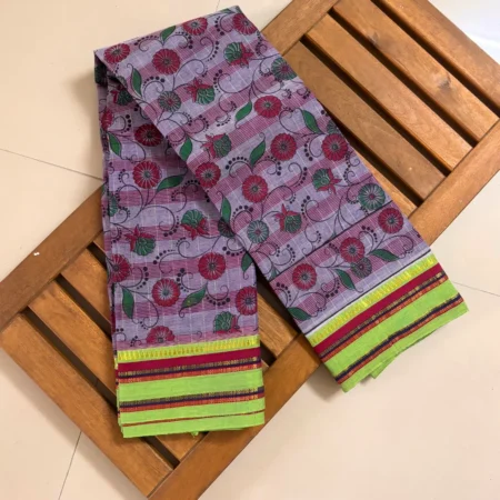 Dusty lavender Narayanpet handloom cotton saree with multicolor floral print and green border