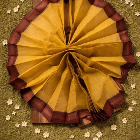 Golden Mustard & Maroon Checked Narayanpet Handloom Cotton Saree with Temple Border