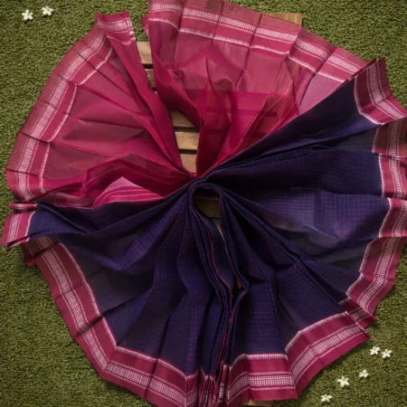 Rani pink Narayanpet handloom cotton saree with blue contrast pallu and striped border