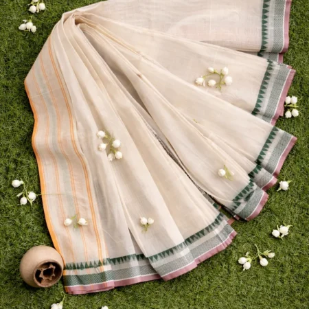 Ivory cream Narayanpet handloom cotton saree with green border and pastel stripes