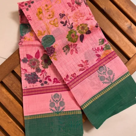 Blush pink Narayanpet handloom cotton saree with floral motifs and green zari border