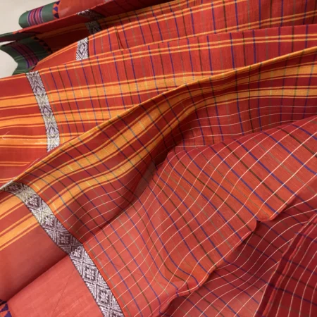 Crimson red and mustard yellow multi-checkered Narayanpet handloom cotton saree with forest green and navy temple border