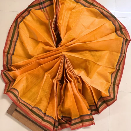 Orange Narayanpet handloom cotton saree with green temple border