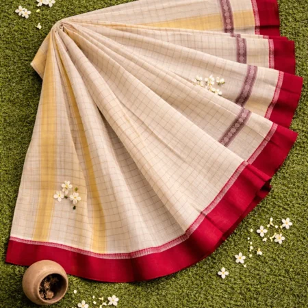 Ivory cream Narayanpet handloom cotton saree with red temple border