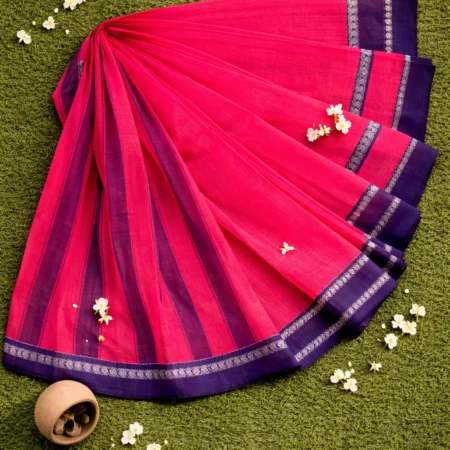 Rani pink Narayanpet handloom cotton saree with deep purple temple border