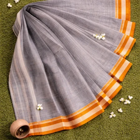 Ash grey Narayanpet handloom cotton saree with orange temple border