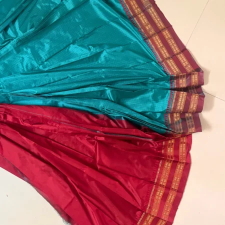 Teal blue and magenta Narayanpet handloom silk saree with gold zari temple border